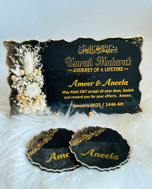 A personalized 3D floral resin tray with stand, accompanied by two personalized coasters and a fridge magnet, featuring floral patterns and custom text.