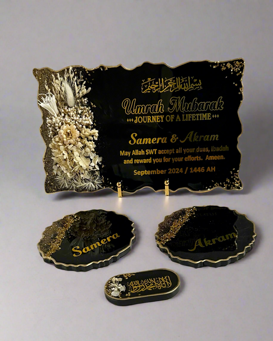 A personalized 3D floral tray with stand, accompanied by two personalized coasters and a fridge magnet, all featuring floral designs and custom text.