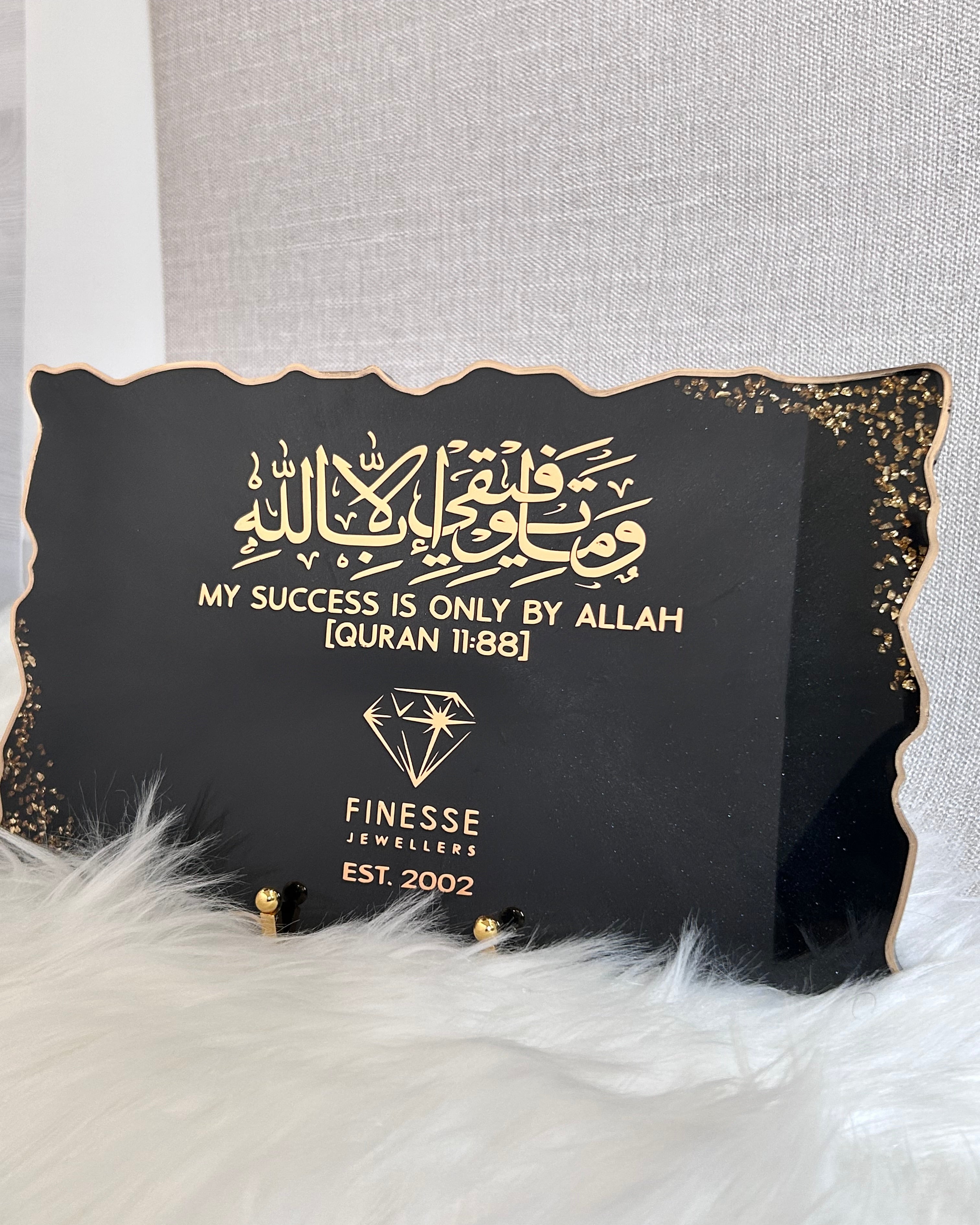 Black business branding plaque with gold text and logo on a furty background
