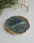 Personalised Umrah Mubarak resin plaque embelished with gold crushed glass edges and a gold iron display stand
