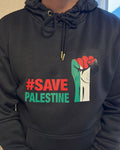 Black hoodie with '#SAVE PALESTINE' text and raised fist graphic