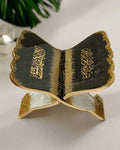 black and white resin Quran stand with gold crushed glass and glitter