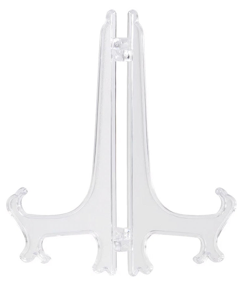 Clear plastic plate display stand on a white background