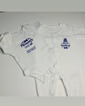 Two white baby onesies with blue text on a light gray background