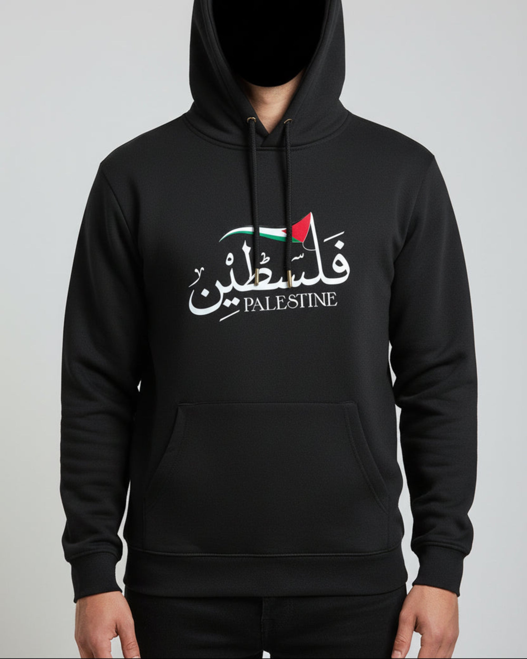 Black hoodie with white Arabic text 'Falestine' and a red, green, black, and white flag design on a black background.